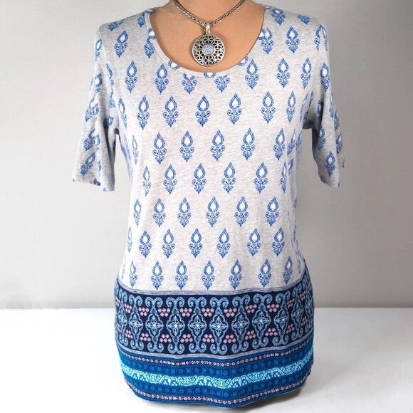 LOFT Petite Border Paisley Heather Grey Vintage Soft Tee - Picture 2 of 6